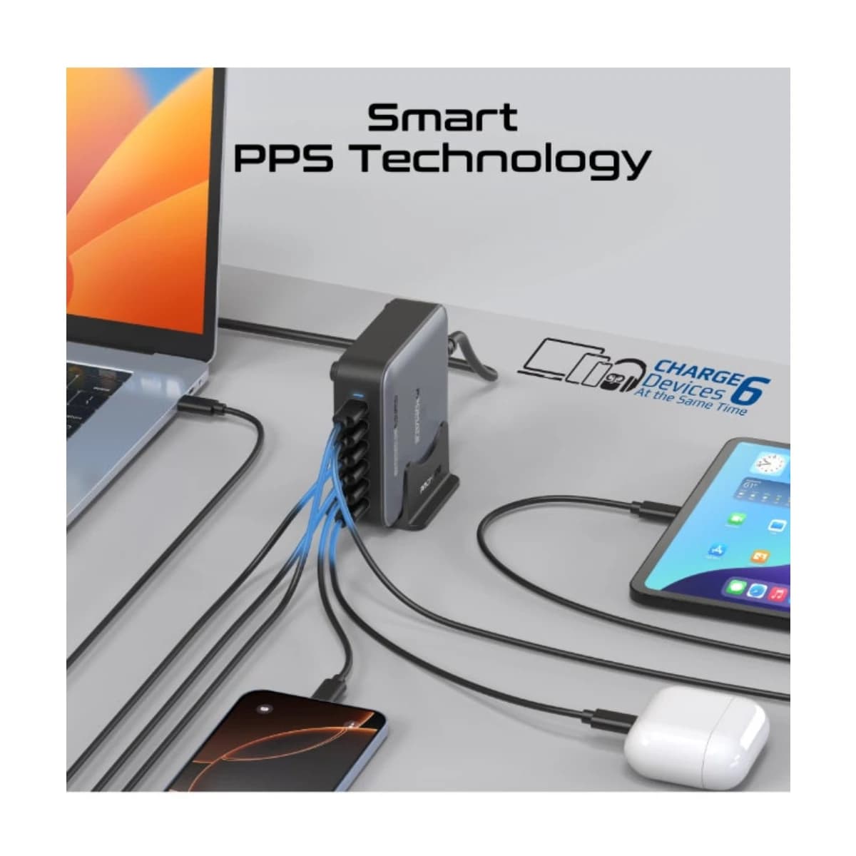 Promate Powerbase Gan285 285W GAN Charging Station 6 Port USB-C Desktop Charger with Pps 100W 65W 30W Outputs Overheat Protection Stand and 1 5m Cable for Macbook iPhone Galaxy UK Grey - Thumbnail Angle 4 | Elmougi Store UAE
