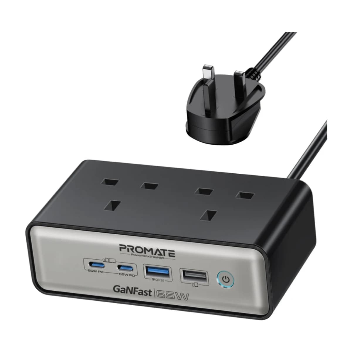 Promate 65W Power Delivery GaNFast™ Charging Station with 3250W Dual AC Socket - Thumbnail Angle 1 | Elmougi Store UAE