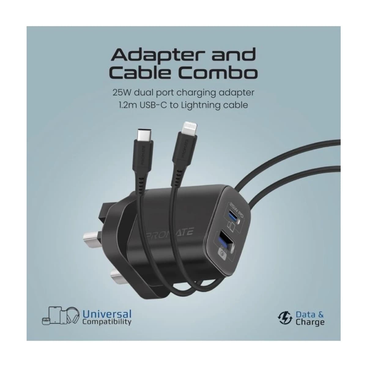 Promate iPhone 17 Charger USB-C Adapter and Cable Set for iPhone 17 Pro with Dual Port AC Charger 25W Power Delivery 18W QC 3 0 27W Type C to Lightning Silicone Cable Data Sync and Adaptive Charging - Black - Thumbnail Angle 2 | Elmougi Store UAE