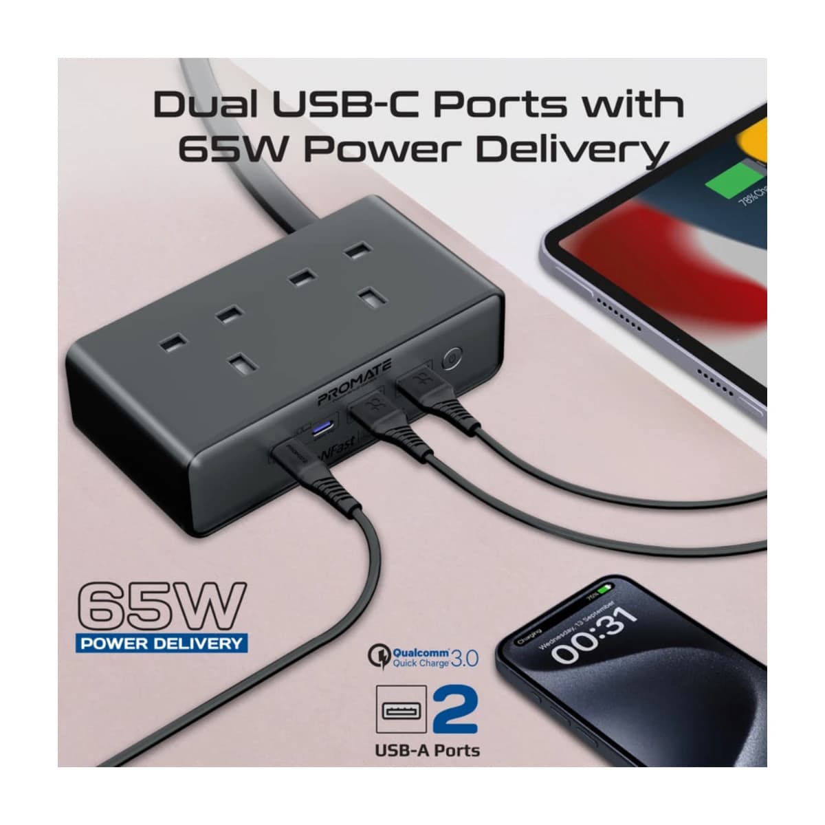 Promate 65W Power Delivery GaNFast™ Charging Station with 3250W Dual AC Socket - Thumbnail Angle 4 | Elmougi Store UAE