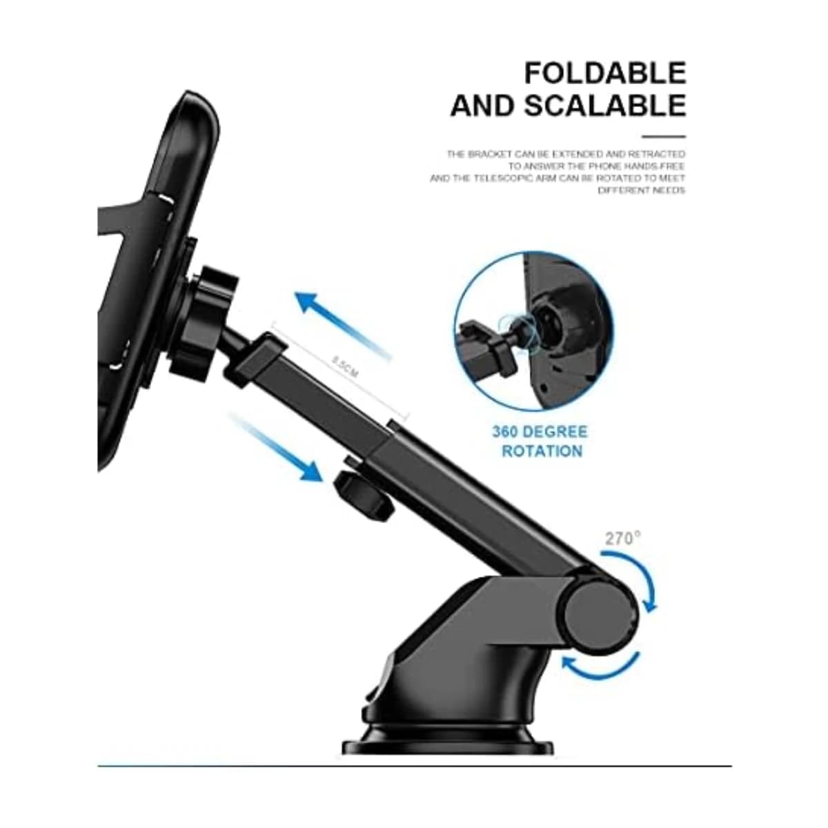 IQ TOUCH TOUCH Car holder for Mobile, Multi purpose Car phone mount , Extendable , With anti-skid sponge. Black color - Thumbnail Angle 2 | Elmougi Store UAE
