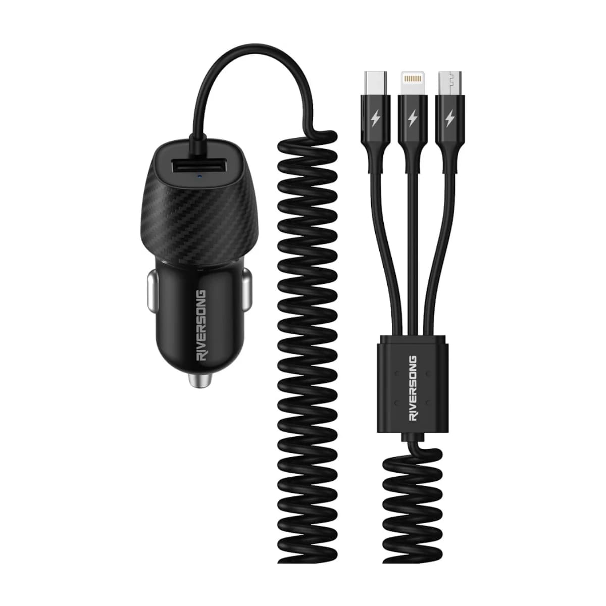 Riversong CC17C 17W Car Charger with Built-in 3-in-1 Cable (Black) - Thumbnail Angle 1 | Elmougi Store UAE