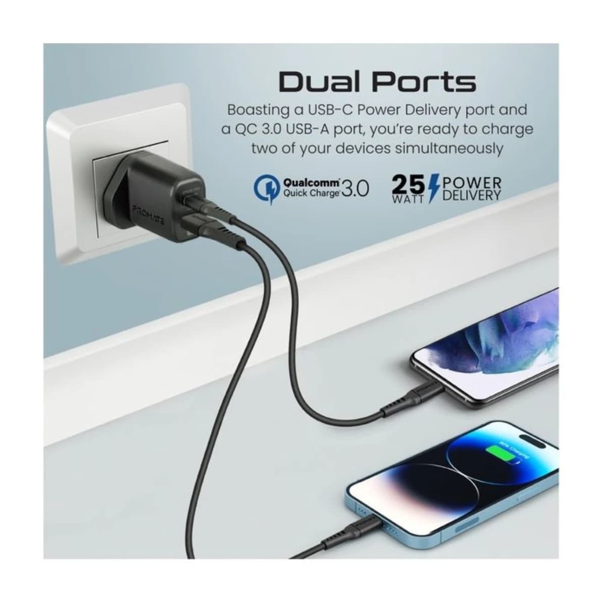 Promate iPhone 17 Charger USB-C Adapter and Cable Set for iPhone 17 Pro with Dual Port AC Charger 25W Power Delivery 18W QC 3 0 27W Type C to Lightning Silicone Cable Data Sync and Adaptive Charging - Black - Thumbnail Angle 4 | Elmougi Store UAE