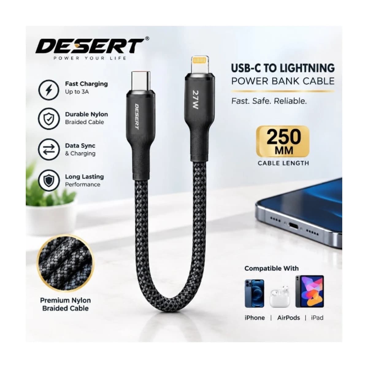 DESERT DS 919 30W Super Fast USB-C to Lightning Cable - High Resolution View 1 | Elmougi Store UAE