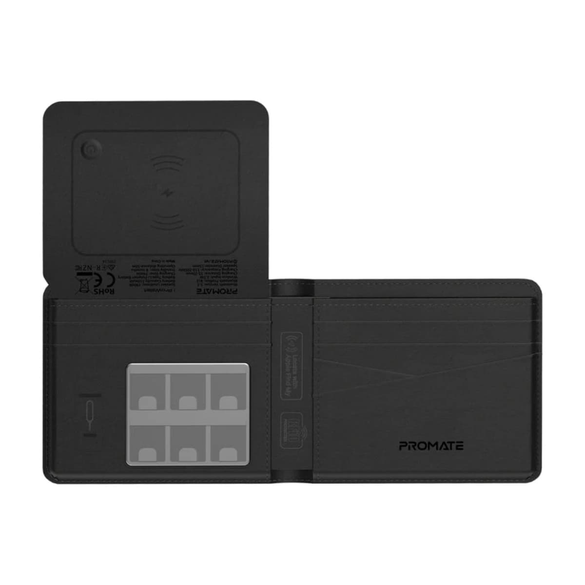 Promate ProWallet Anti-Loss Leather Wallet with Apple Find My, Wireless Charging, RFID Protection, Built-in Speaker, Bluetooth 5.2, Slim Design, SIM/MicroSD Slots, 6 Month Battery Life Black - Thumbnail Angle 1 | Elmougi Store UAE