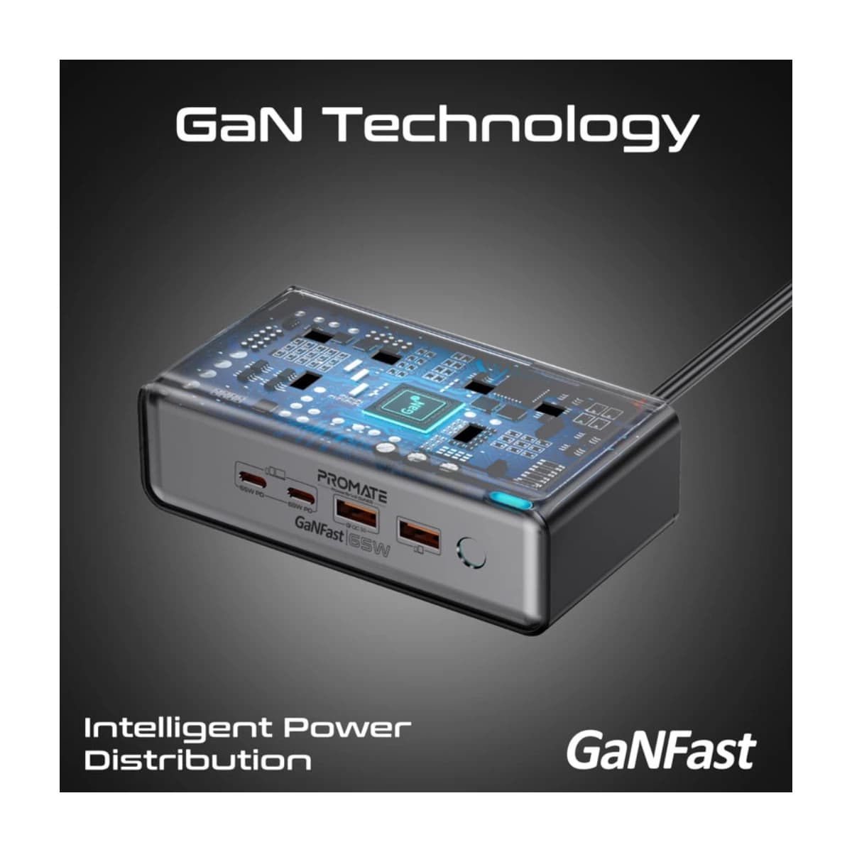 Promate 65W Power Delivery GaNFast™ Charging Station with 3250W Dual AC Socket - Thumbnail Angle 3 | Elmougi Store UAE