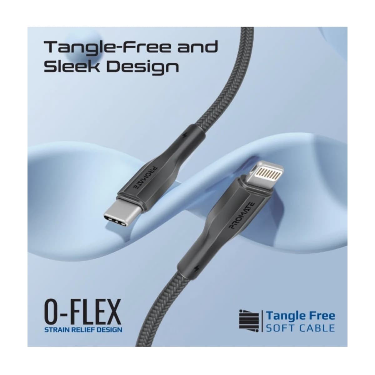 PROMATE XCord-Ci 27W USB-C to Lightning Fast Charging Cable, 1.2M Braided TPE Cable, 480Mbps Data Transfer, Power Delivery, Tangle-Free, Durable Strain Relief Design for iPhone, iPad & AirPods black - Thumbnail Angle 4 | Elmougi Store UAE