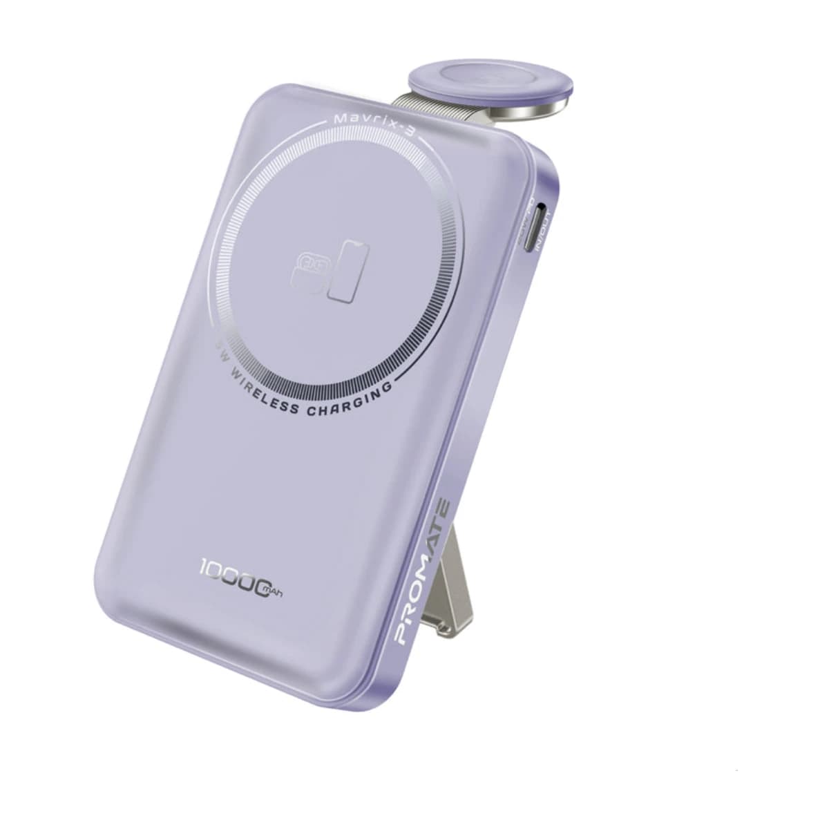 Promate10000 MAH Mavrix 3 10000mAh Magsafe Power Bank with Apple Watch Charger 15W Wireless 20W USB-C PD Fast Charging N52 Magnetic Kickstand Tsa Approved for iPhone 17 17pro 16 Samsung S26 S25 Purple - Purple - Thumbnail Angle 1 | Elmougi Store UAE