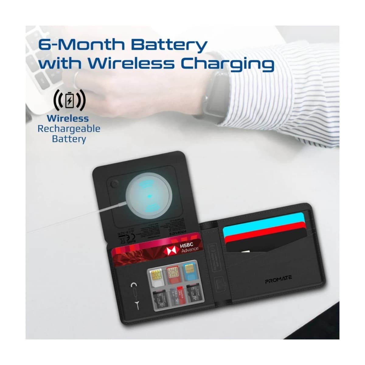 Promate ProWallet Anti-Loss Leather Wallet with Apple Find My, Wireless Charging, RFID Protection, Built-in Speaker, Bluetooth 5.2, Slim Design, SIM/MicroSD Slots, 6 Month Battery Life Black - Thumbnail Angle 2 | Elmougi Store UAE
