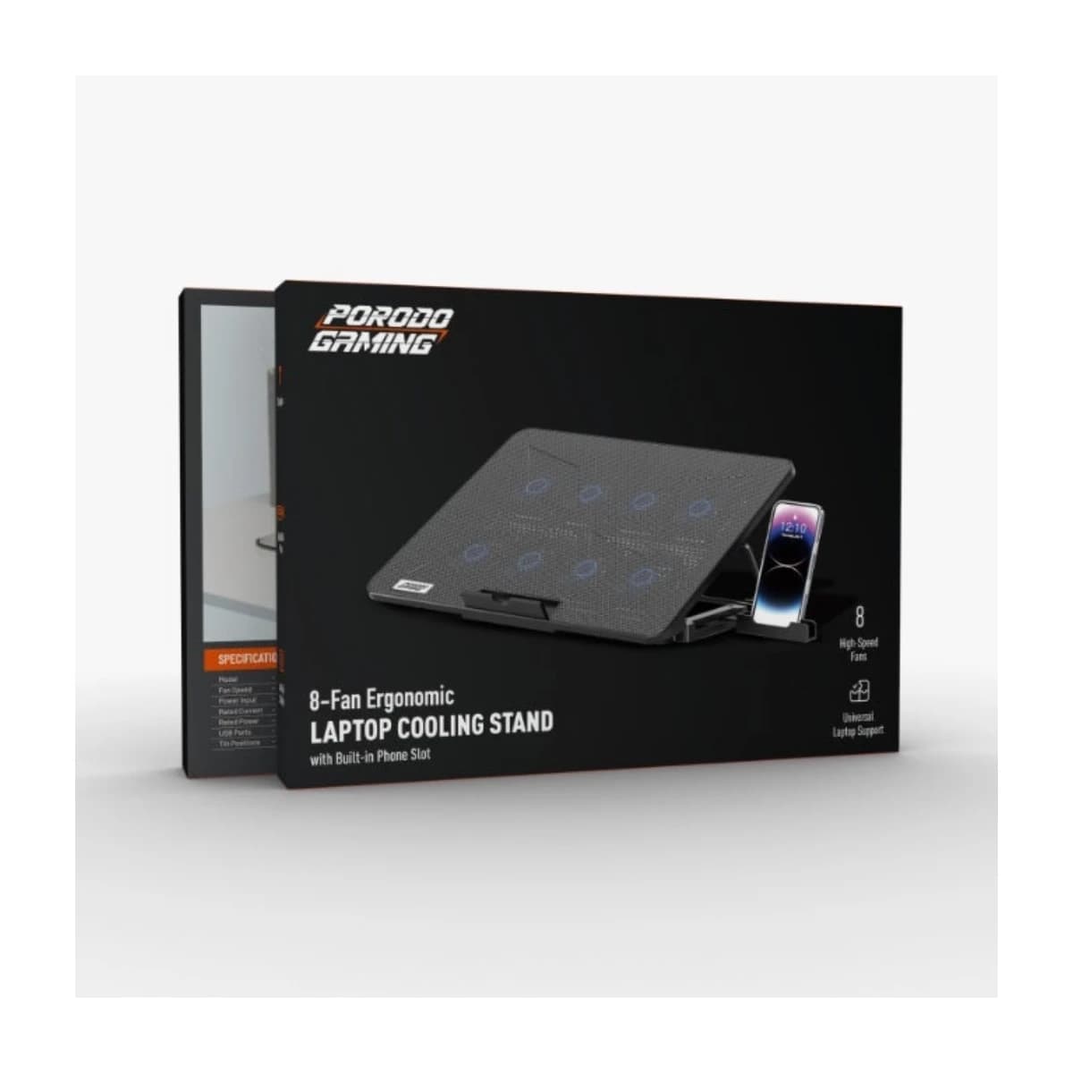 Porodo 8-Fan Laptop Cooling Stand - Up to 16" Laptops, Black - Thumbnail Angle 3 | Elmougi Store UAE