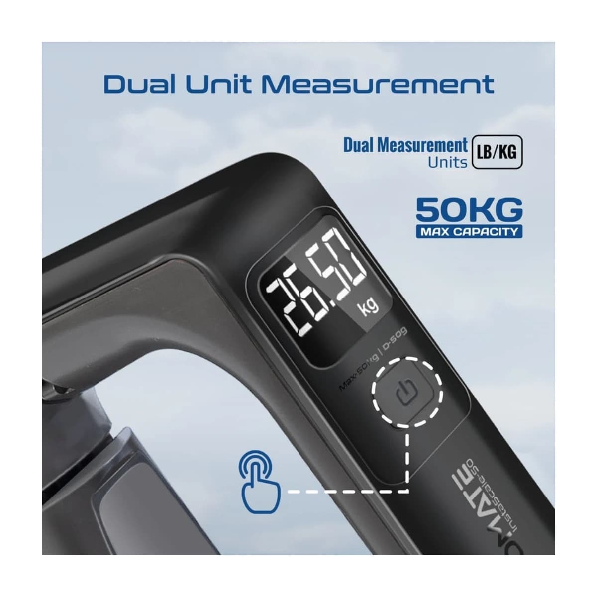 Promate InstaScale-50 Digital Luggage Scale 50kg Max Capacity, High Precision 50g Increments, Backlit LCD Display, Dual Units (kg/lb), Ergonomic Grip, Compact Travel Weighing Tool Black - Thumbnail Angle 2 | Elmougi Store UAE