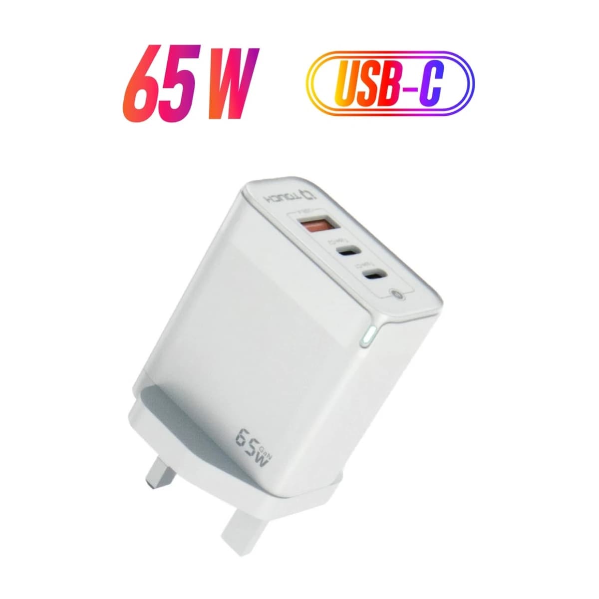 IQ TOUCH 65W Compact 3-Output GaN Charger (2x USB-C PD 65W, 1x USB-A 18W) - White - Thumbnail Angle 2 | Elmougi Store UAE