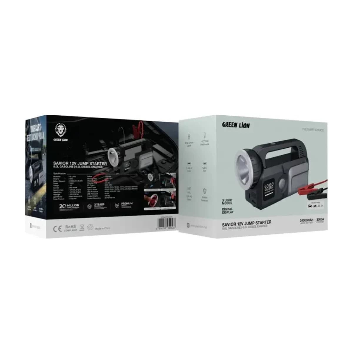 Green Lion Savior 12V Jump Starter - 8L Gasoline / 6L Diesel Engines - Gray - Thumbnail Angle 3 | Elmougi Store UAE