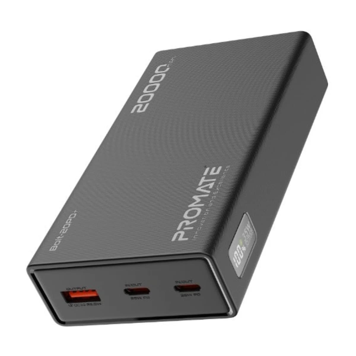 PROMATE Bolt-20PD+ 20000mAh Power Bank 35W USB-C PD Fast Charging, Dual USB-C In/Out, Triple Device Charging, LED Battery Display, Portable Travel Charger Black - Thumbnail Angle 1 | Elmougi Store UAE
