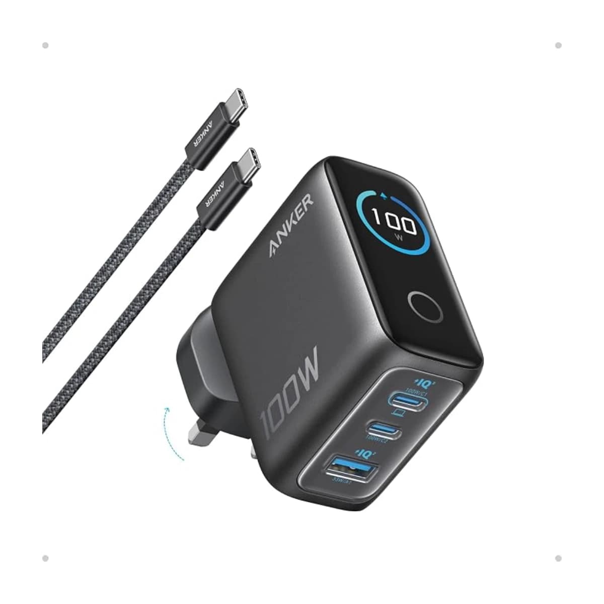 100W Max USB-C Charger, 3-Port GaN Wall Adapter with Smart Display & Touch Control - High Resolution View 1 | Elmougi Store UAE