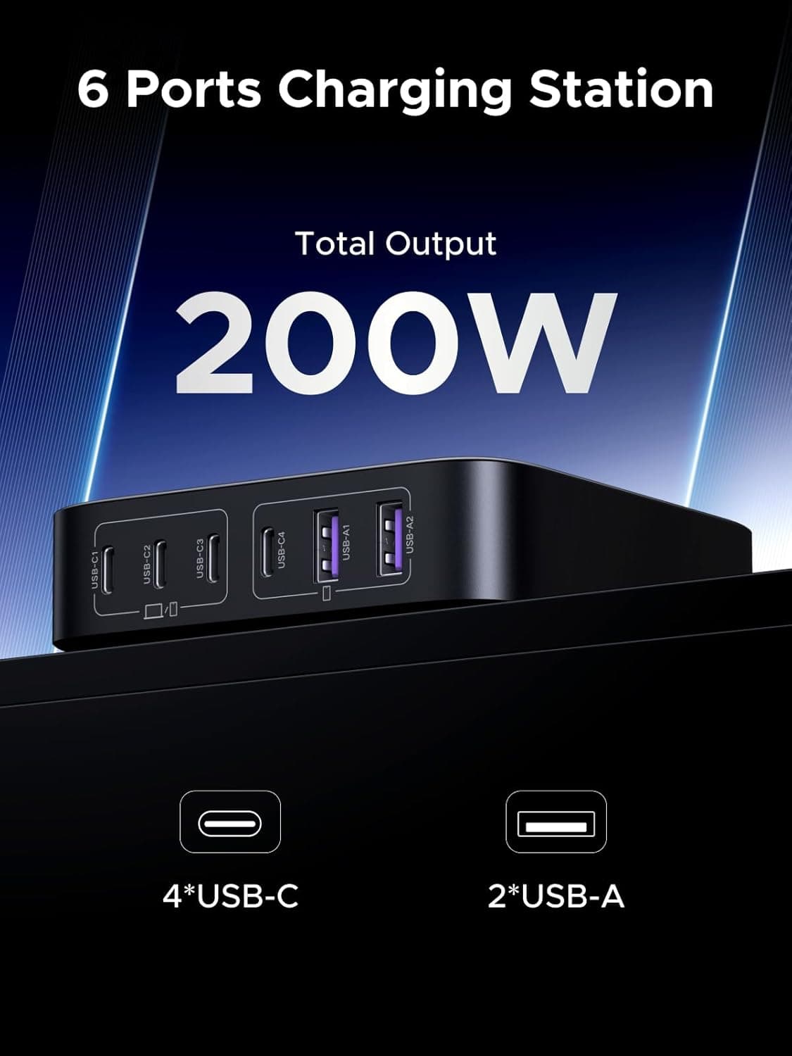 UGREEN Nexode 200W 6-Port GaN USB-C Charging Station with 100W Cable - High Resolution View 3 | Elmougi Store UAE