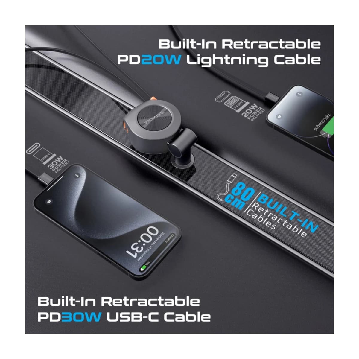 Promate 88W Multi-Port Car Charger with Dual Retractable USB-C Cables - High Resolution View 4 | Elmougi Store UAE