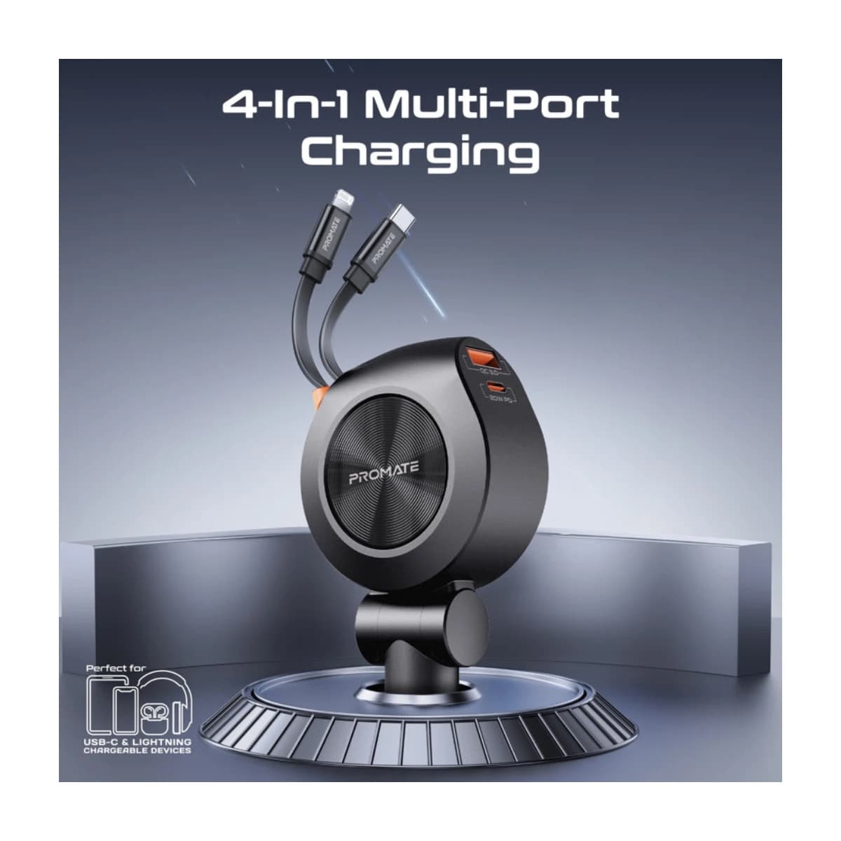 Promate 88W Multi-Port Car Charger with Dual Retractable USB-C Cables - High Resolution View 2 | Elmougi Store UAE