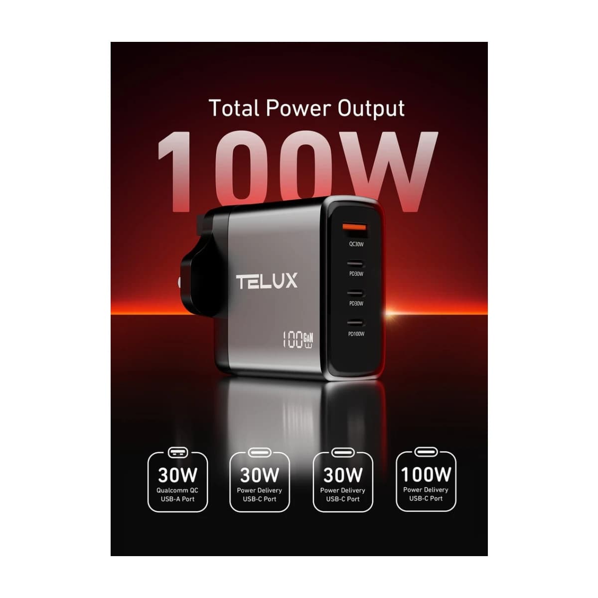 VoltFlow 100W 4-Port USB-C PD GaN Wall Charger - High Resolution View 2 | Elmougi Store UAE