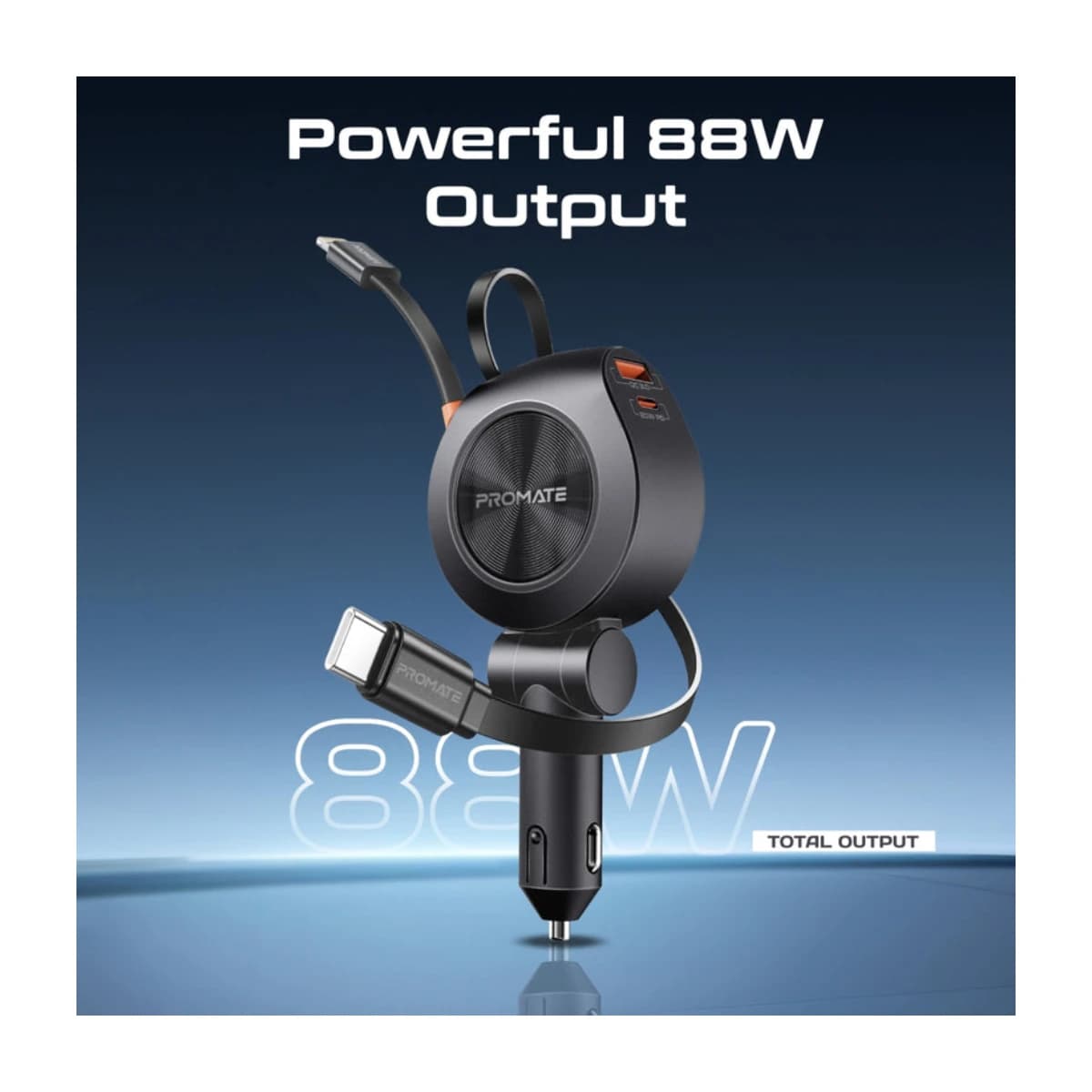 Promate 88W Multi-Port Car Charger with Dual Retractable USB-C Cables - High Resolution View 3 | Elmougi Store UAE