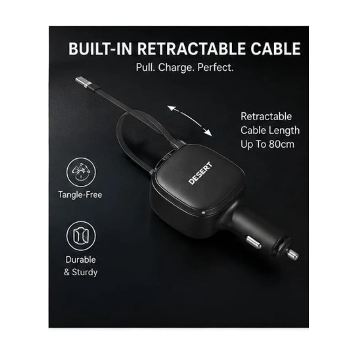 Desert DS-3108 90W Car Charger with Retractable Cable, USB-A & USB-C PD - High Resolution View 3 | Elmougi Store UAE