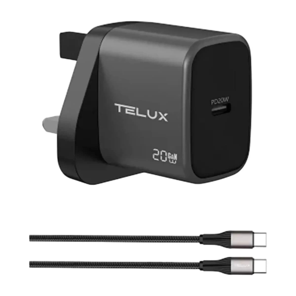 Telux Voltflow PD20-C 60W USB-C Wall Charger with C-to-C Cable - Grey - High Resolution View 1 | Elmougi Store UAE