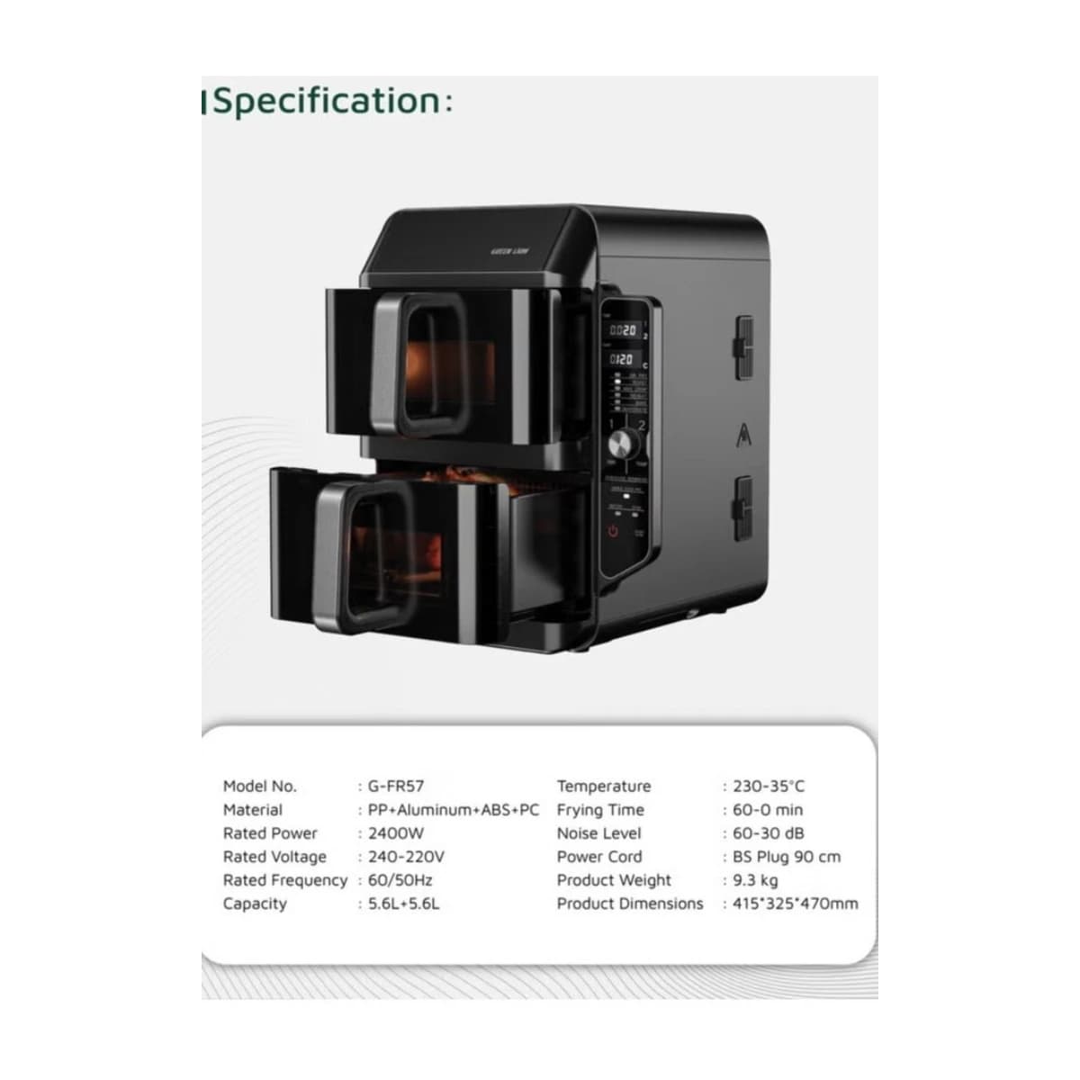 Generic Double-Decker Pro Digital Air Fryer 2x5.6L 2400W Black - High Resolution View 2 | Elmougi Store UAE